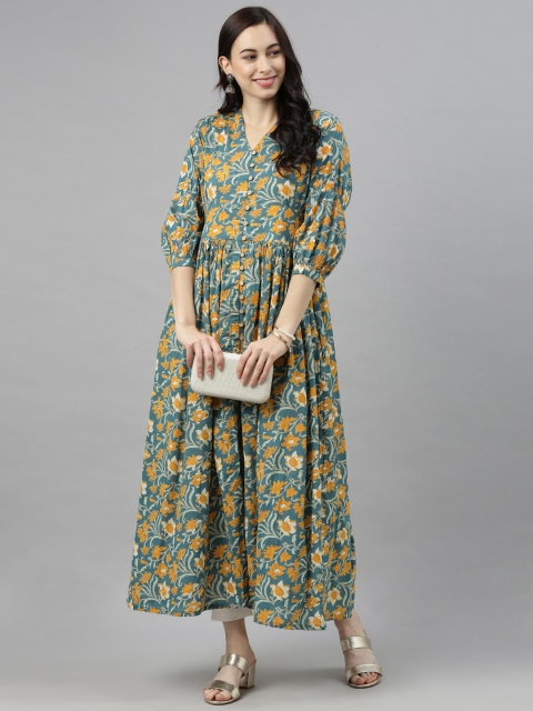 

AHIKA Women Teal Green & Yellow Floral Printed Kurta