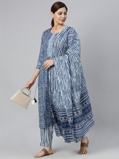 

AHIKA Women Blue & White Printed Kurta with Trousers & Dupatta
