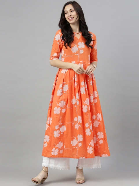 

AHIKA Women Orange Floral Printed Keyhole Neck Kurta