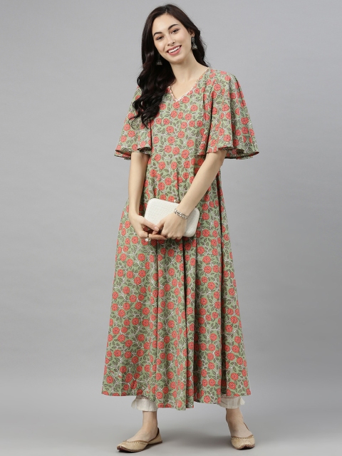 

AHIKA Women Green & Pink Floral Printed Flared Sleeves Kurta