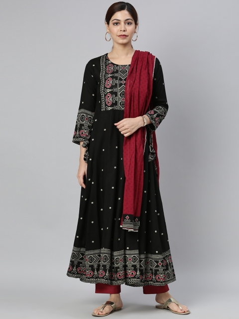 

AHIKA Women Black & Maroon Printed Kurta with Trousers & Dupatta