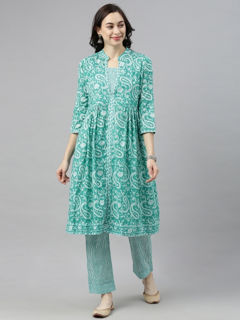 

AHIKA Women Green & White Printed Kurta with Trousers