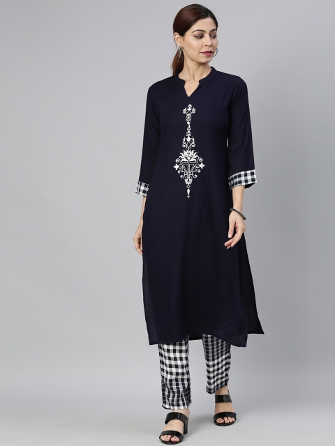 

AHIKA Women Navy Blue & Grey Yoke Design Kurta with Trousers