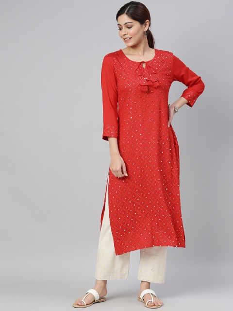 

AHIKA Women Red Embellished Tie-Up Neck Kurta