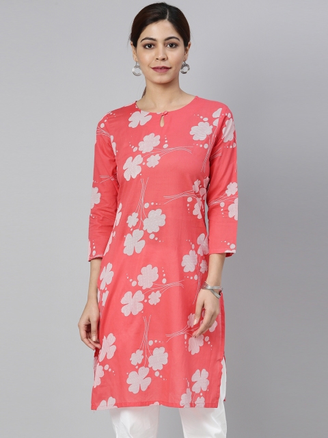 

AHIKA Women Peach-Coloured Floral Printed Keyhole Neck Kurta