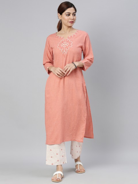 

AHIKA Women Peach-Coloured & Off-White Yoke Design Kurta with Palazzos