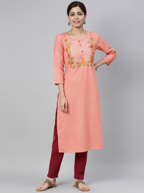 

AHIKA Women Peach-Coloured Floral Embroidered Kurta
