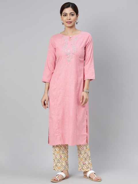 

AHIKA Women Pink Floral Embroidered Keyhole Neck Thread Work Kurta