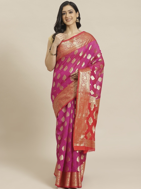 

swatika Pink & Golden Zari Woven Design Handloom Chanderi Saree