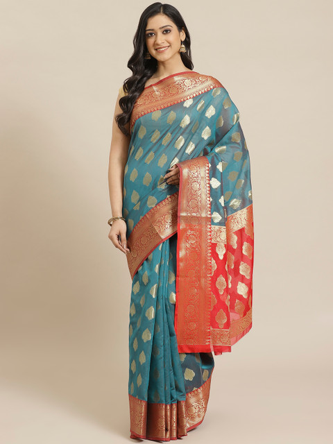 

swatika Teal Green & Golden Zari Woven Design Handloom Chanderi Saree