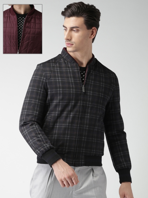 

INVICTUS Black & Burgundy Reversible Checked Bomber Jacket