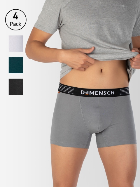 

DAMENSCH Men Pack Of 4 Solid Deo-Cotton Deodorizing Trunks DAM-CTS-T-DRG-LW-IRB-SWB, Multi
