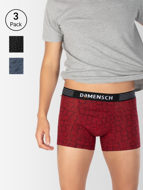 

DAMENSCH Men Pack Of 3 Printed Deo-Cotton Deodorizing Trunks DAM-CTP-T-SNR-SPB-WPB, Red