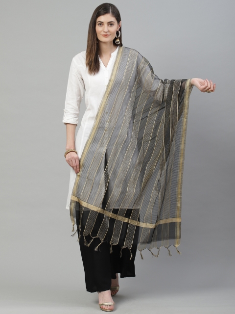 

swatika Black & Golden Strpied Handloom Dupatta