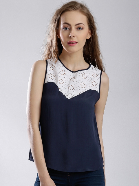 

French Connection Navy & Off-White Cut-Out Yoke Top, Navy blue