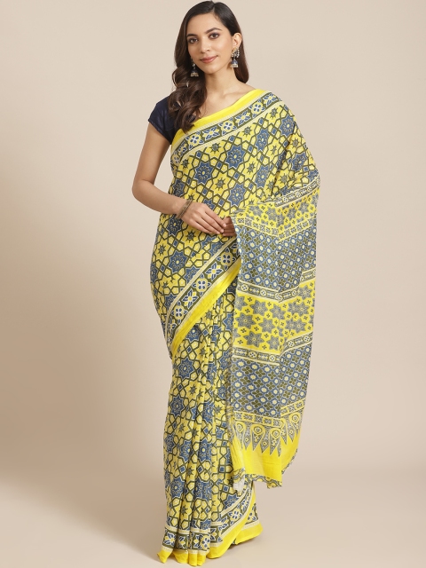 

Libas Yellow & Blue Pure Cotton Ethnic Motifs Print Saree
