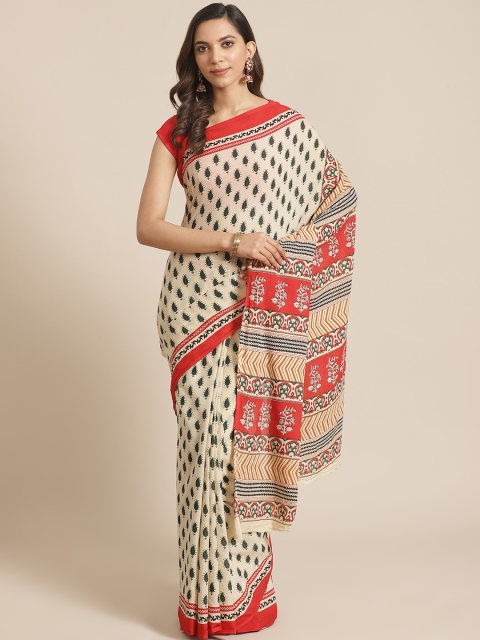 

Libas Beige & Green Pure Cotton Paisley Print Saree