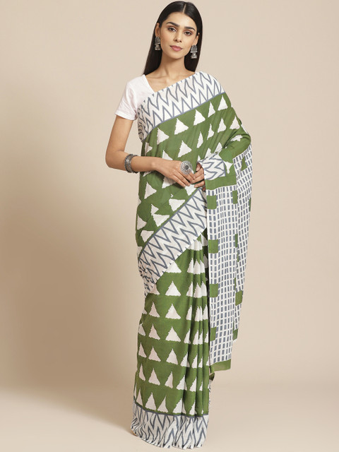 

Libas Green & White Pure Cotton Geometric Print Saree