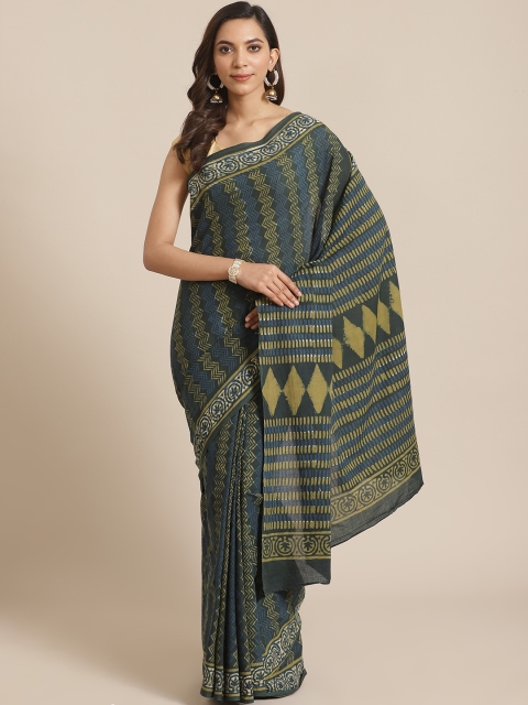 

Libas Blue & Olive Green Pure Cotton Geometric Print Saree