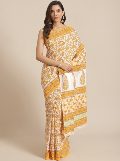 

Libas Off-White & Yellow Pure Cotton Floral Print Saree