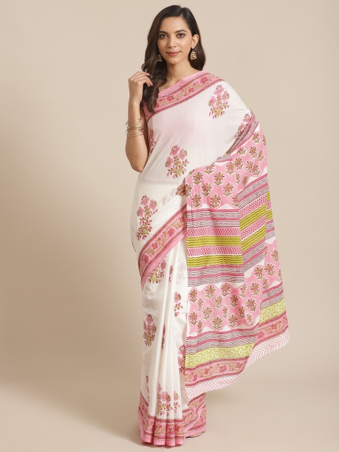 

Libas White & Pink Pure Cotton Floral Print Saree