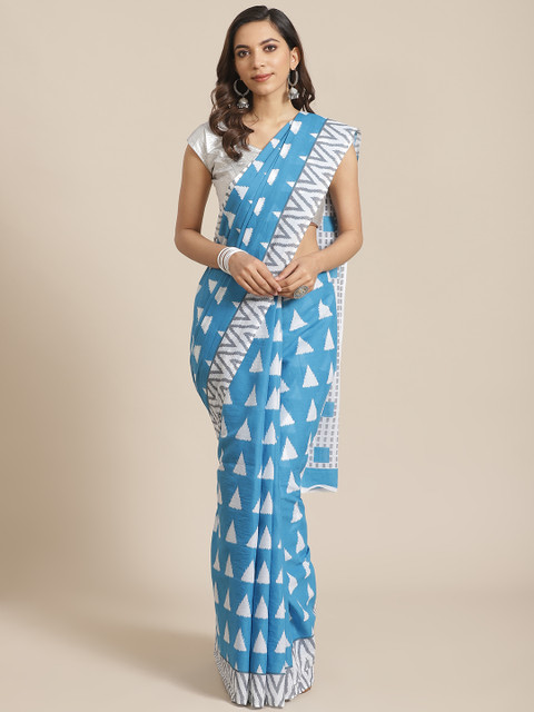 

Libas Blue & White Pure Cotton Geometric Print Saree