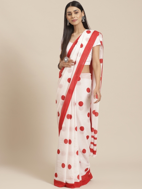 

Libas White & Red Pure Cotton Polka Dot Print Saree