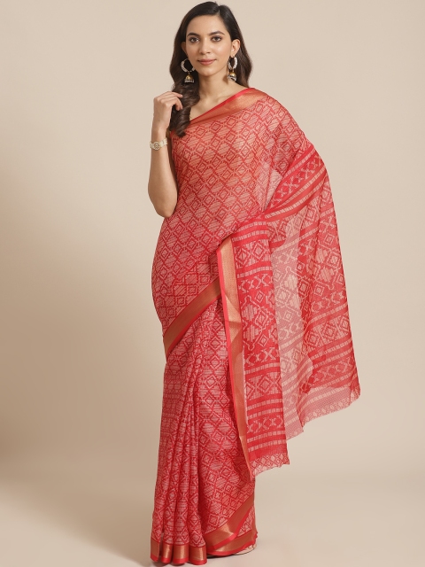 

Libas Red & Off-White Geometric Print Saree