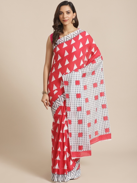 

Libas Pink & White Pure Cotton Geometric Print Saree