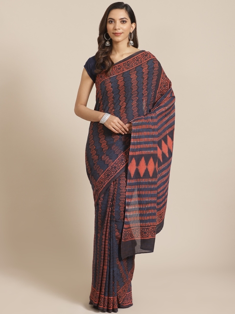 

Libas Navy Blue & Orange Pure Cotton Printed Saree