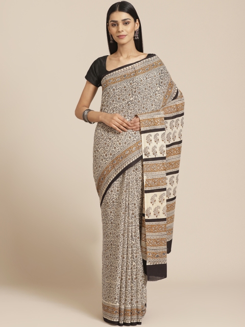 

Libas Cream-Coloured & Brown Pure Cotton Printed Saree