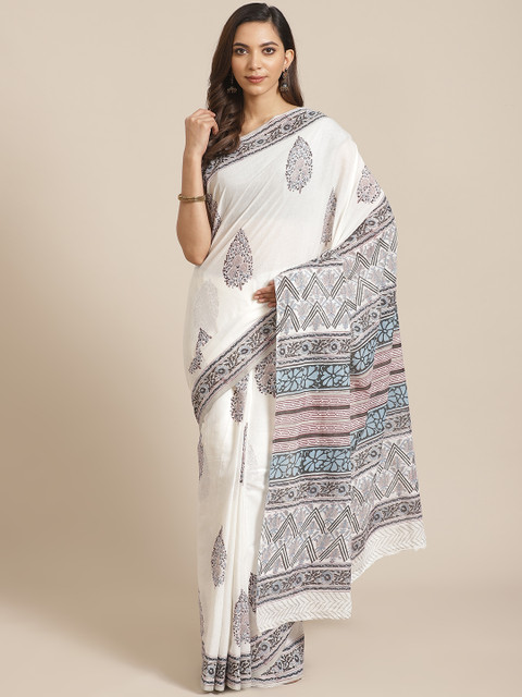 

Libas White & Blue Pure Cotton Printed Saree