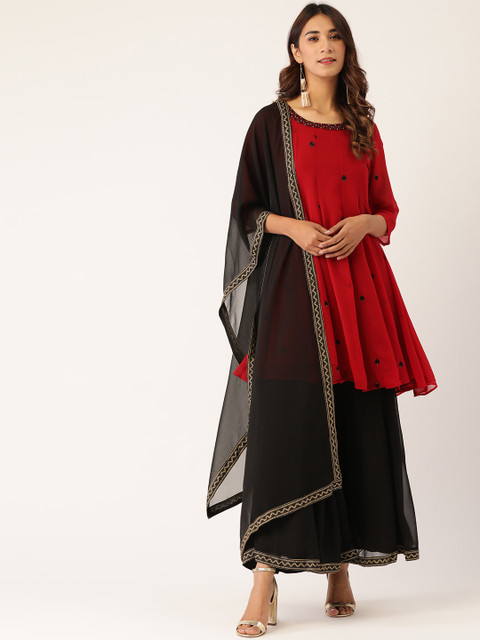 

Laabha Women Maroon & Black Embroidered Kurta with Sharara & Dupatta