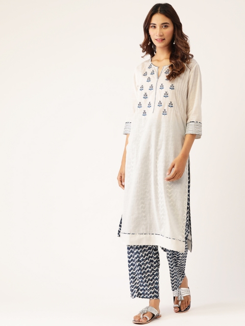 

Laabha Women White & Navy Blue Pure Cotton Yoke Design Kurta with Trousers