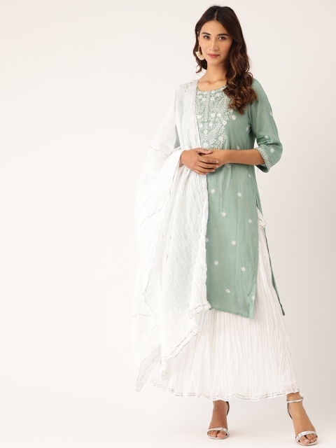 

Laabha Women Green & White Pure Cotton Printed Kurta with Skirt & Dupatta