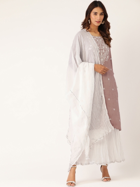 

Laabha Women Mauve & White Printed Pure Cotton Kurta with Skirt & Dupatta