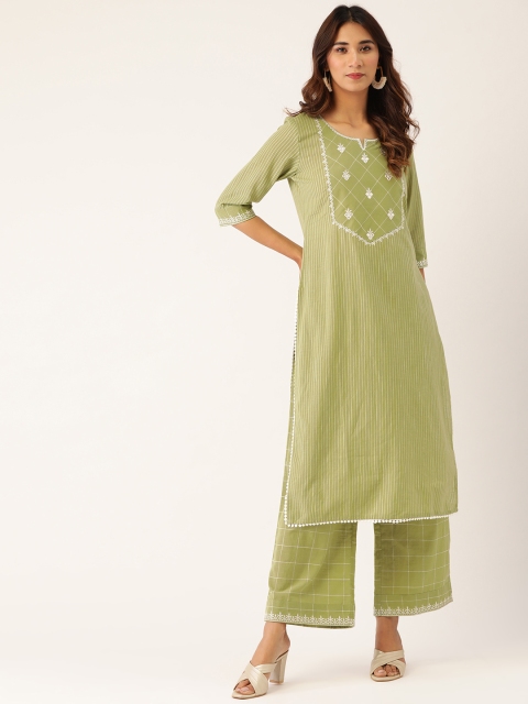 

Laabha Women Green & White Striped Kurta with Palazzos