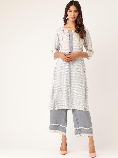 

Laabha Women Off-White & Grey Printed Pure Cotton Kurta with Palazzos