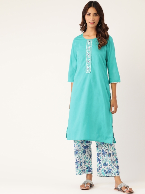 

Laabha Women Blue & White Solid Kurta with Palazzos