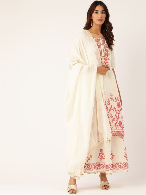 

Laabha Women Off-White & Pink Printed Kurta with Skirt & Dupatta