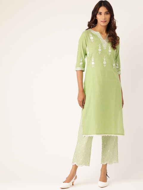 

Laabha Women Green & White Embroidered Pure Cotton Kurta with Trousers