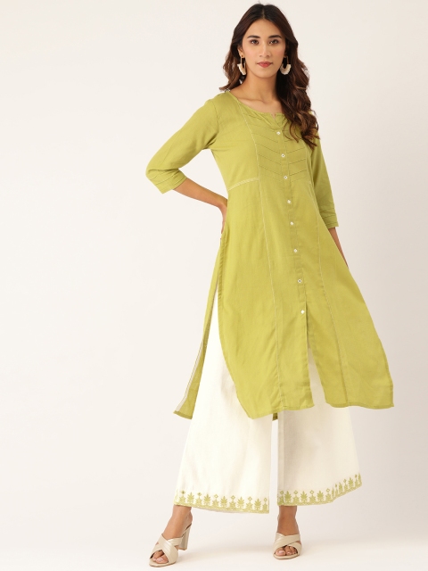 

Laabha Women Lime Green & White Solid Cotton Kurta with Palazzos