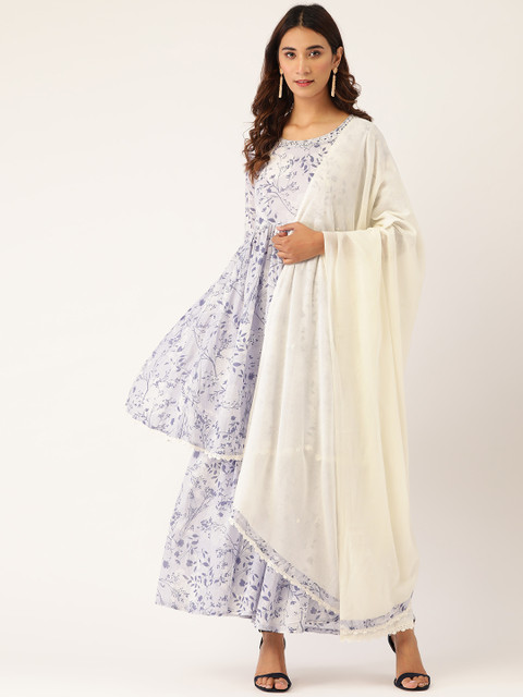 

Laabha Women Blue & Off-White Printed Kurta with Sharara & Dupatta