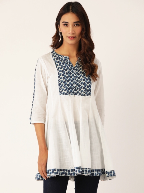 

Laabha Women White & Blue Yoke Design Cotton A-Line Tunic