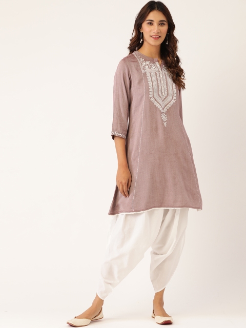 

Laabha Women Mauve & White Yoke Design Kurta with Dhoti Pants