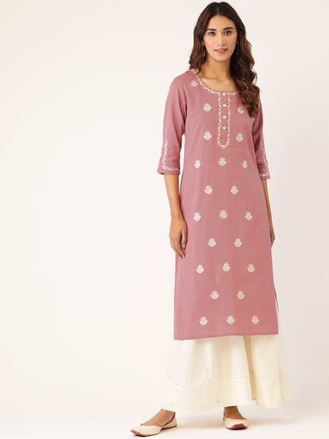

Laabha Women Mauve & Off-White Embroidered Pure Cotton Kurta with Palazzos