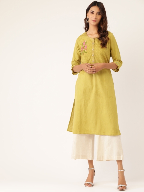 

Laabha Women Green Yoke Design Straight Kurta