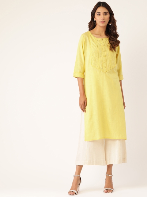 

Laabha Women Yellow Yoke Design Straight Kurta