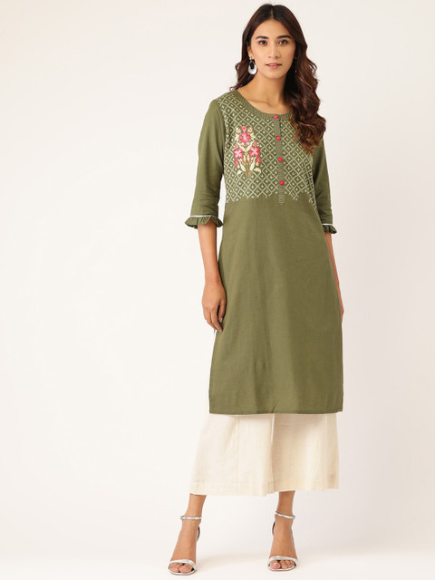 

Laabha Women Olive Green Yoke Design Straight Kurta