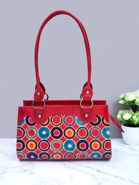 

Golden Peacock Blue & Red Embellished Handheld Bag